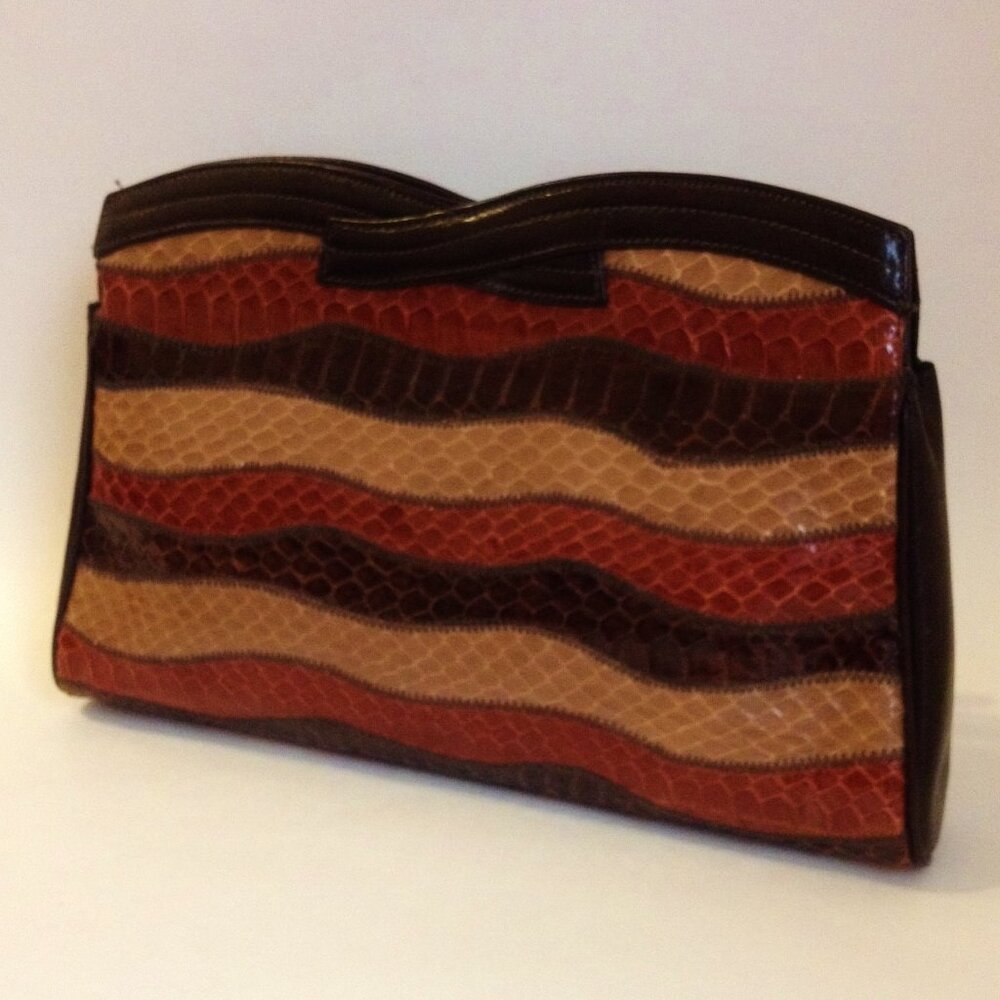 Venetto Snakeskin Clutch Purse Brown Tan Rust Wavy Stripes Handbag Hinged Top